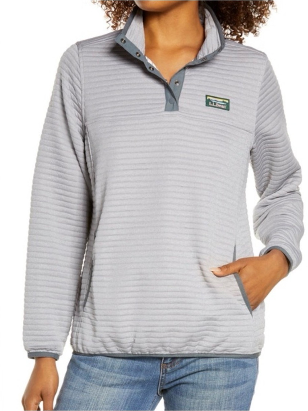 L.L. Bean Light Gray Quilted Snap-Front Pullover